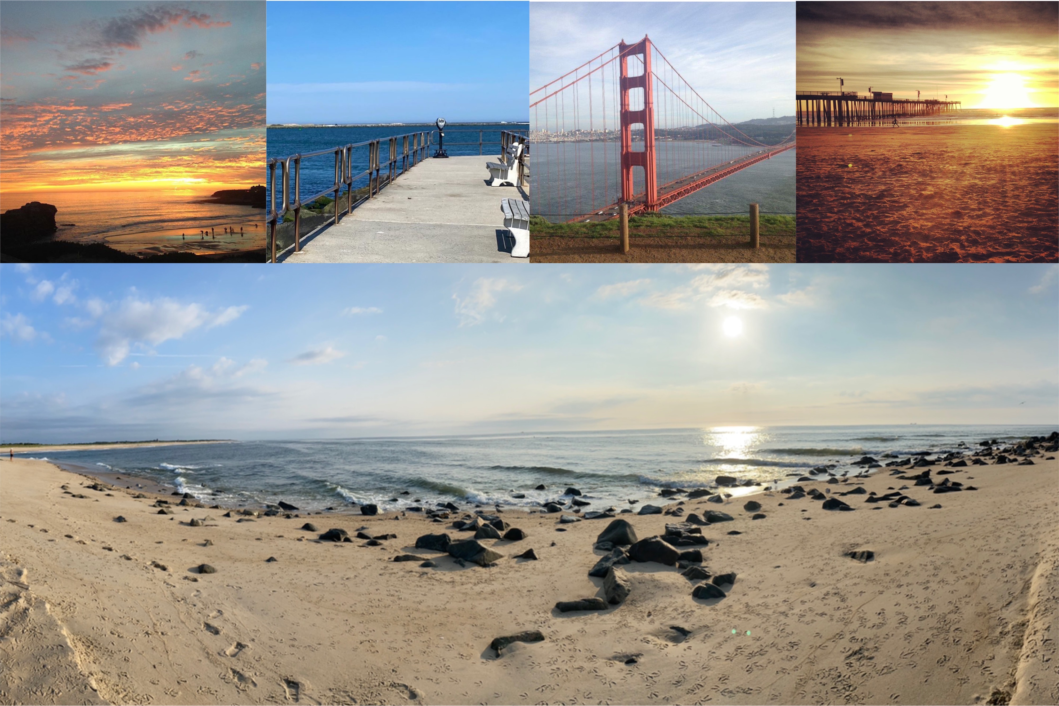 Sunset in Santa Cruz, CA; Barneget Light walkway, NJ; Golden Gate Bridge, San Francisco, CA; Sunset at Pismo Beach, CA; early morning at Sandy Hook National Park, NJ