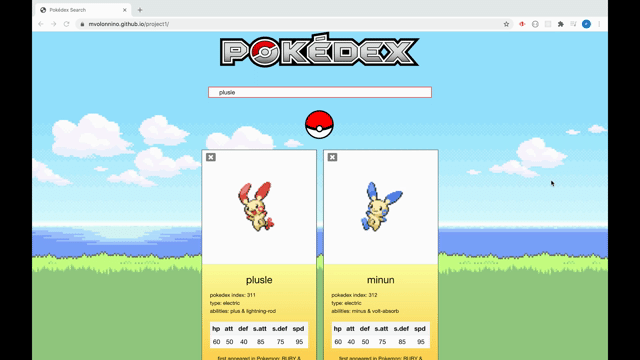 Pokédex Search: A hint of nostalgia as the user searches for Pokemon characters. Using the Poké API and the Youtube API, the user can access facts about each character as well as the top YouTube video associated with that character