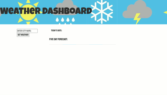 Weather Dashboard: Check current weather information and get a 5 day forecast with this weather app! Just type in the city of your choice & information pulled from the OpenWeather API will be displayed.