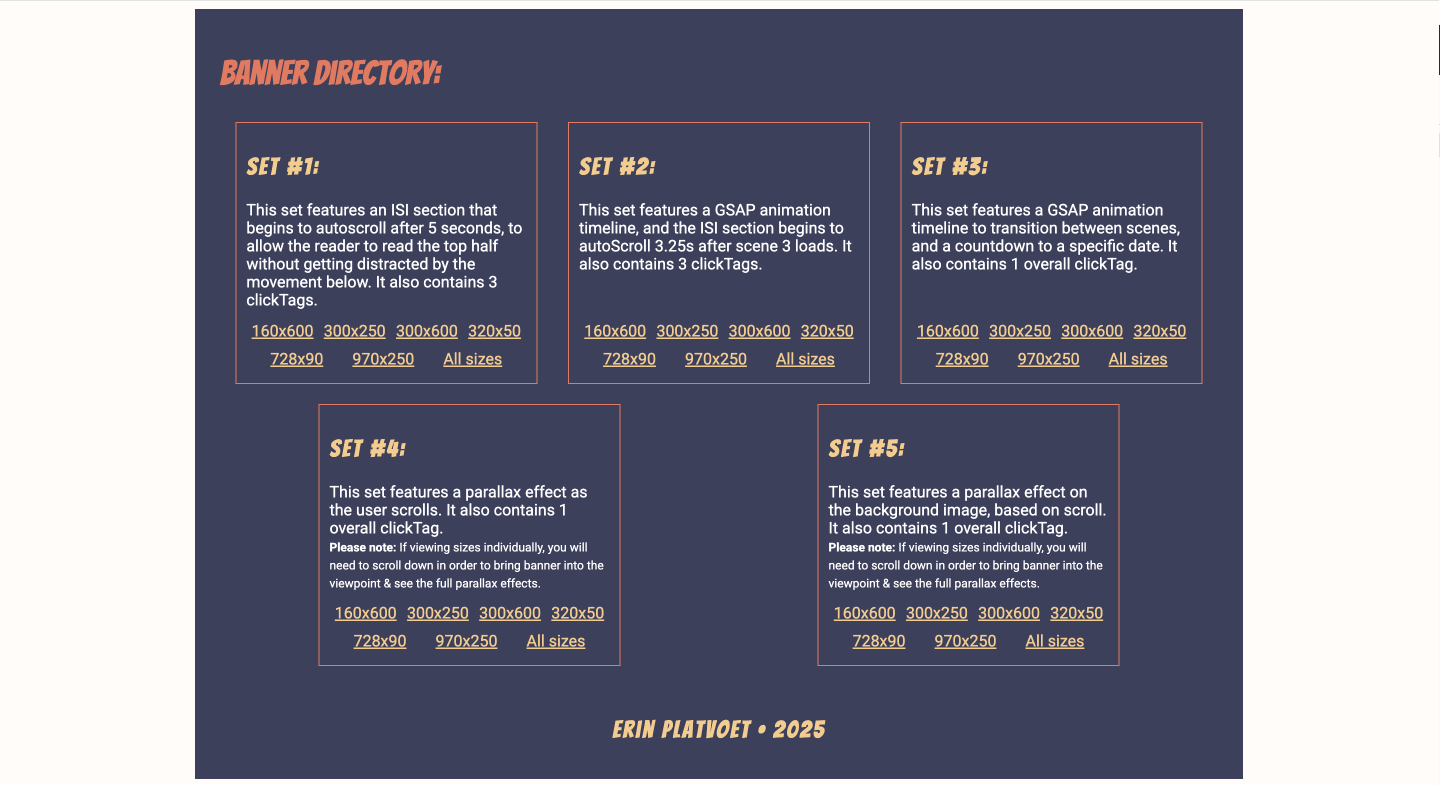 Banner Ads: A collection of banner ad compaign examples. Each set displays a unique trait.